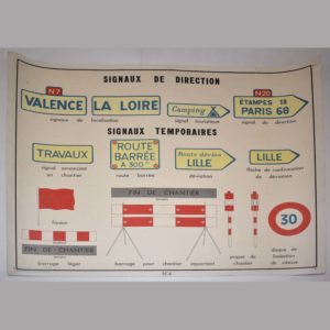 planche pédagogique scolaire avec illustration de signaux de direction vintage. Signaux temporaires, et signaux d'indication. Code de la route 60's