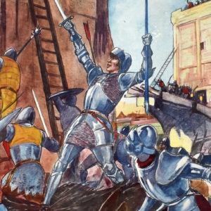 Jeanne d'Arc délivre Orléans. Illustration sur une planche pédagogique des années 1960. Éditée par la coopération pédagogique à Montmorillon.