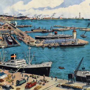 Illustration le port de mer sur planche pédagogique Rossignol. Et sur l'autre face le port fluvial. Impressions sur papier cartonnée 50's d'école française.