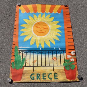 Grèce affiche touristique vintage année 1959 soleil souriant. Éditée par l’office national de tourisme Hellénique.
