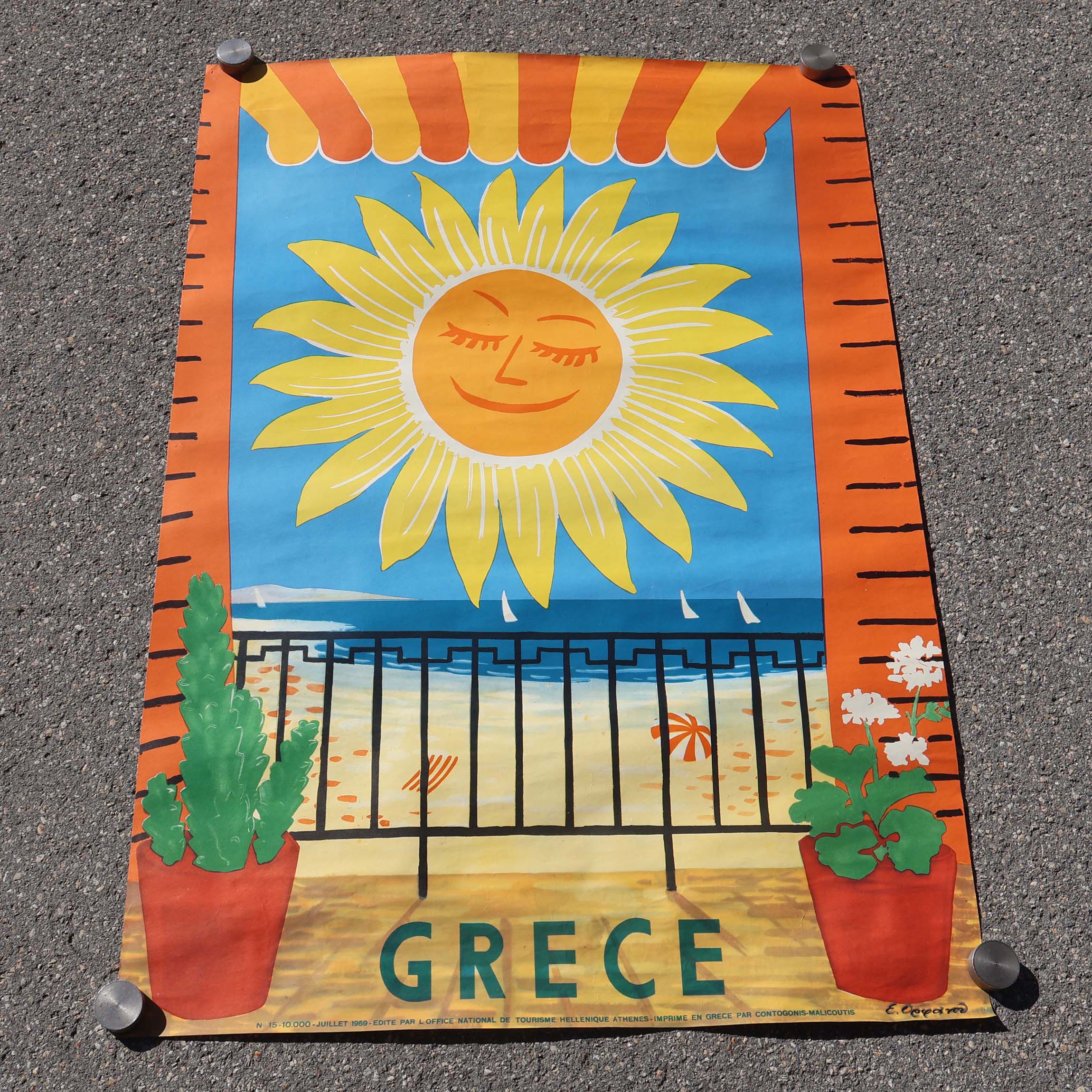 Grèce affiche touristique vintage année 1959 soleil souriant. Éditée par l’office national de tourisme Hellénique.