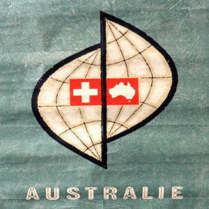 affiche Australie Suisse design Gordon Andrews Australia 1960. Éditée lors du comptoir Suisse de Lausanne en 1960. Avec l'Australie comme hôte d'honneur.
