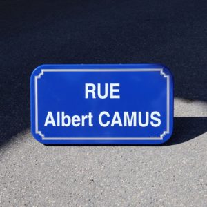 Plaque de rue Albert Camus French street sign cobalt blue porcelain enamel. Plaque de rue pour honorer le romancier Français.