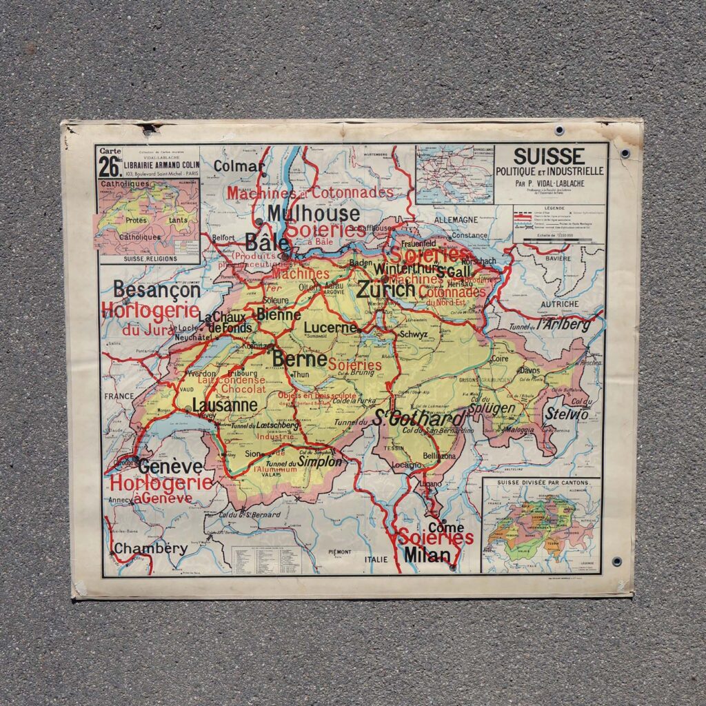 Suisse carte pédagogique murale vintage des années 1950.