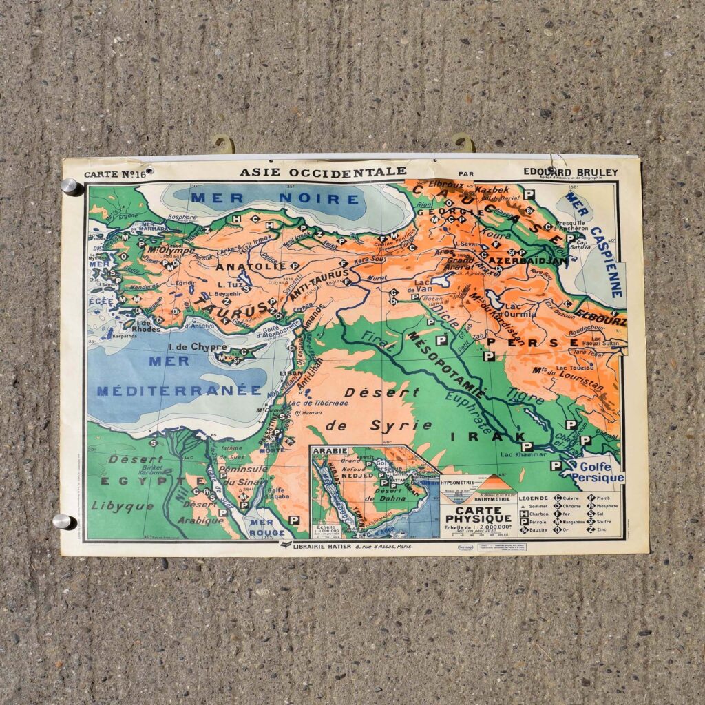 carte vintage Asie occidentale. Planche pédagogique murale