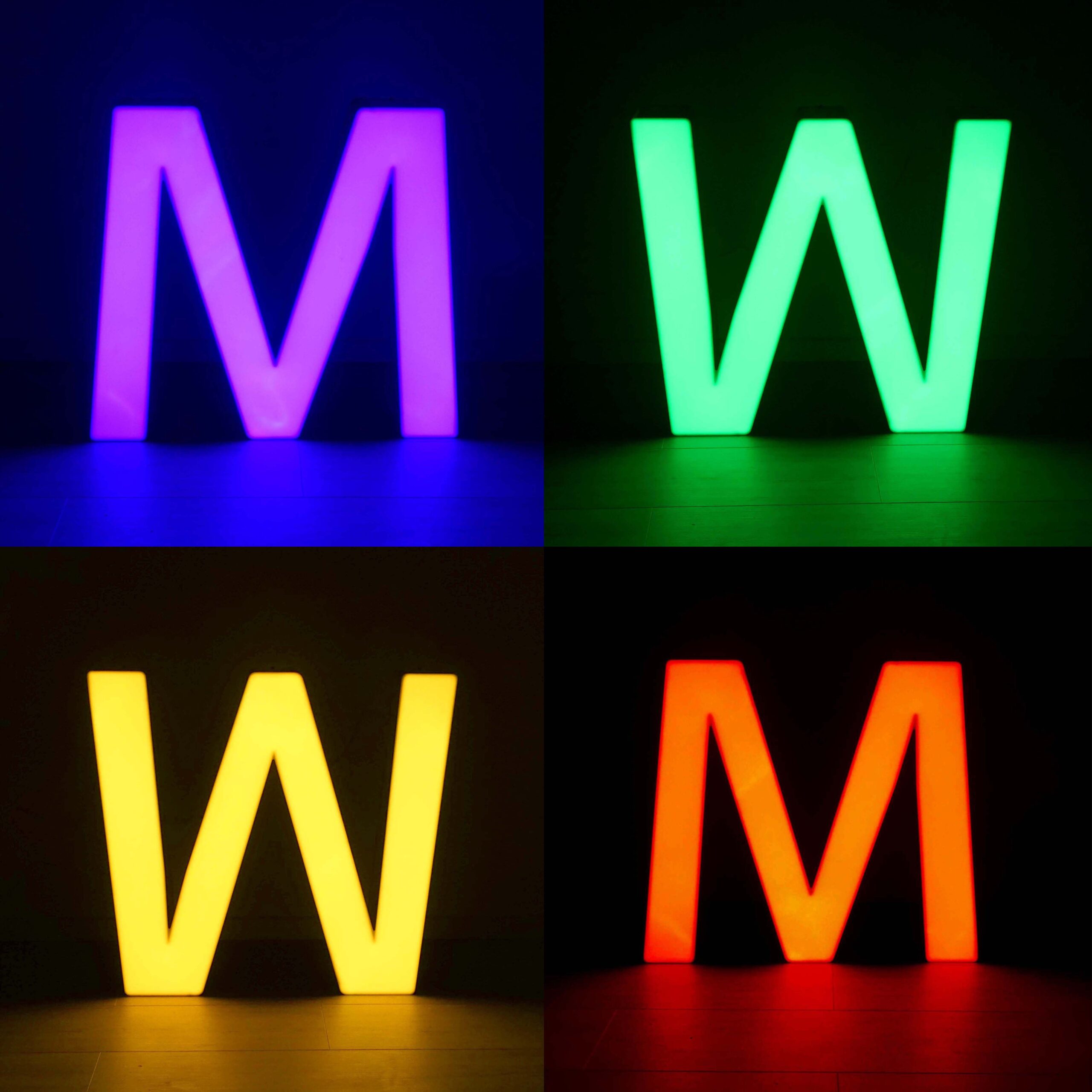 Lettres vintage déco LED M W. Illumination multicolore.