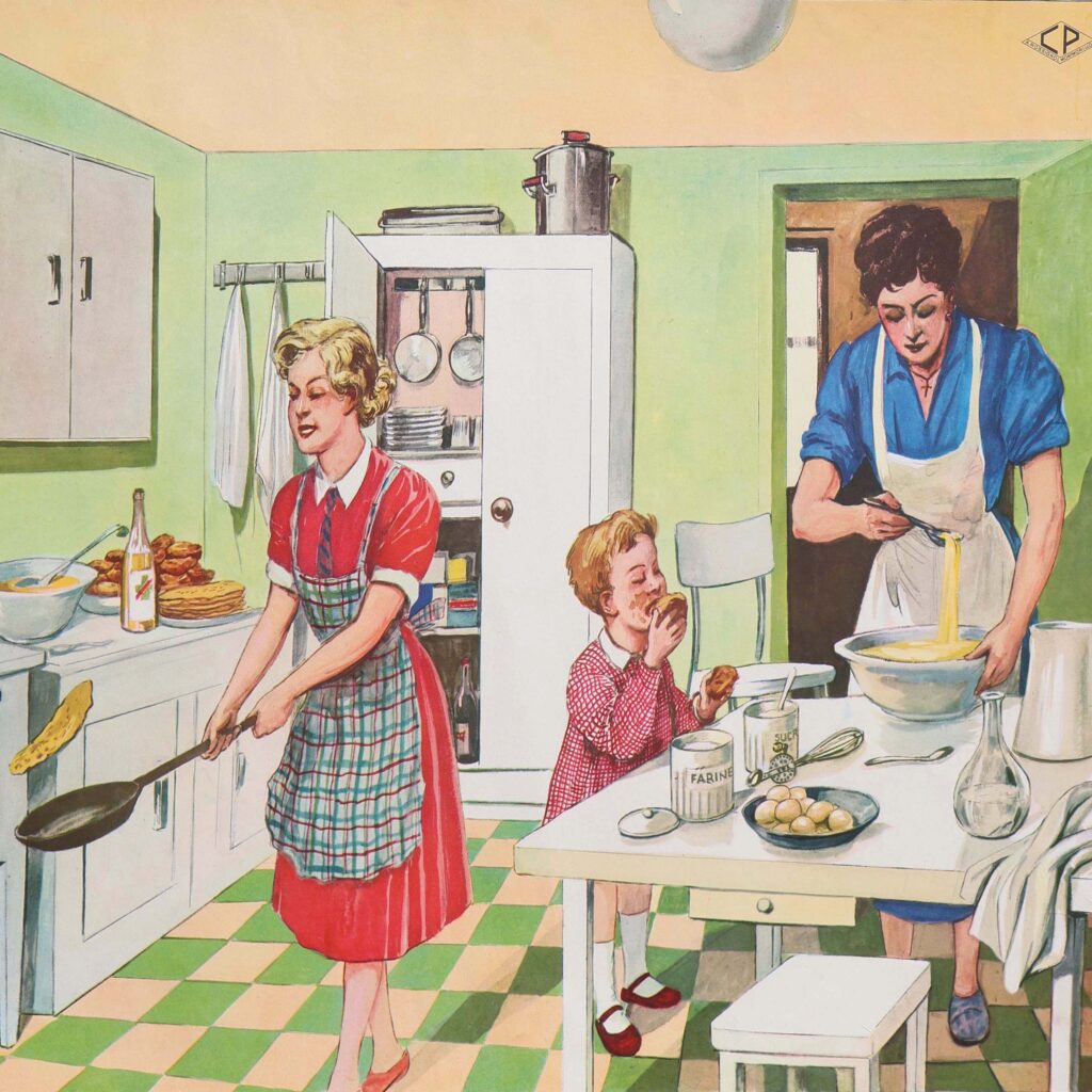 Maman fait des gâteaux 1950s. Femmes à la cuisine. Enfant