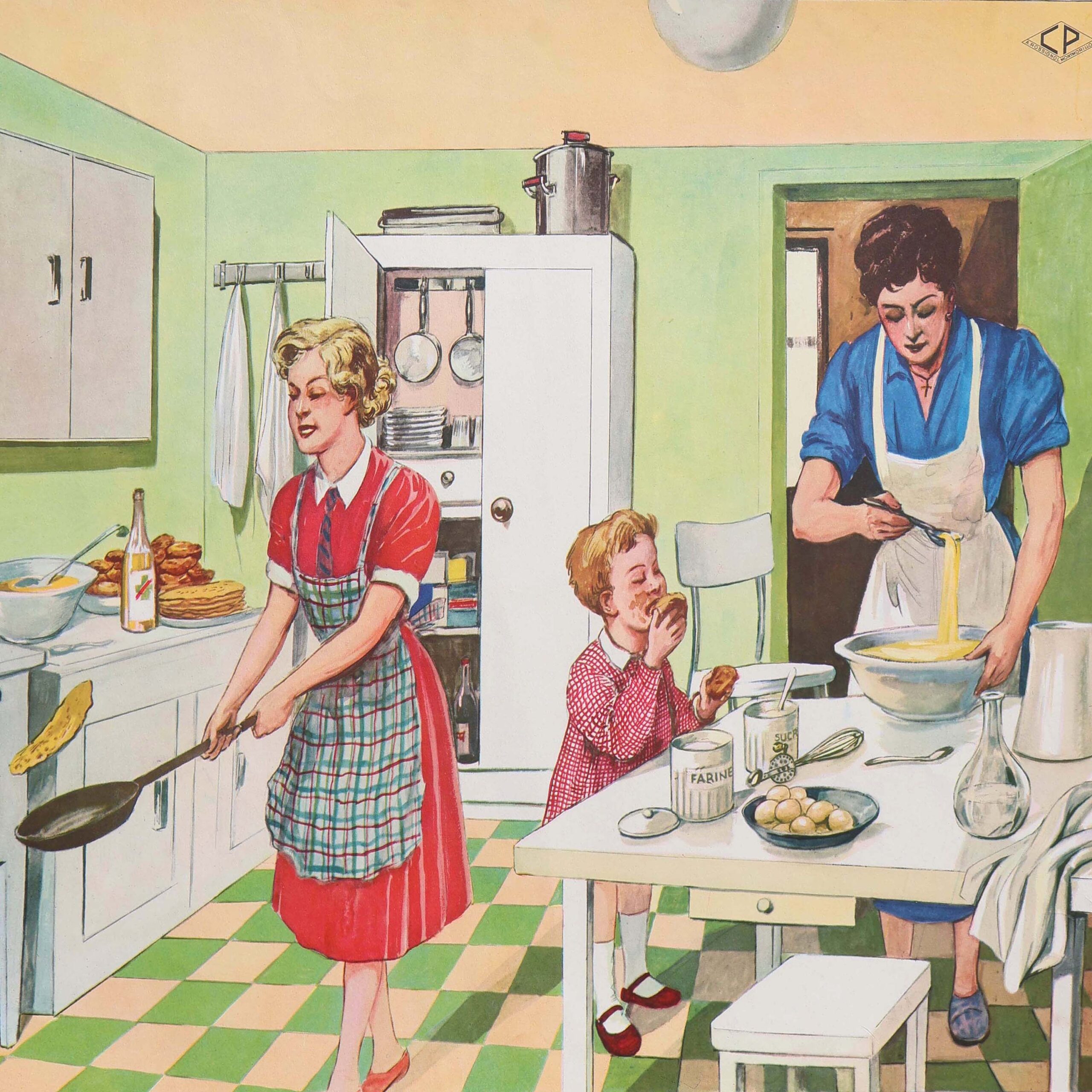 Maman fait des gâteaux 1950s. Femmes à la cuisine. Enfant