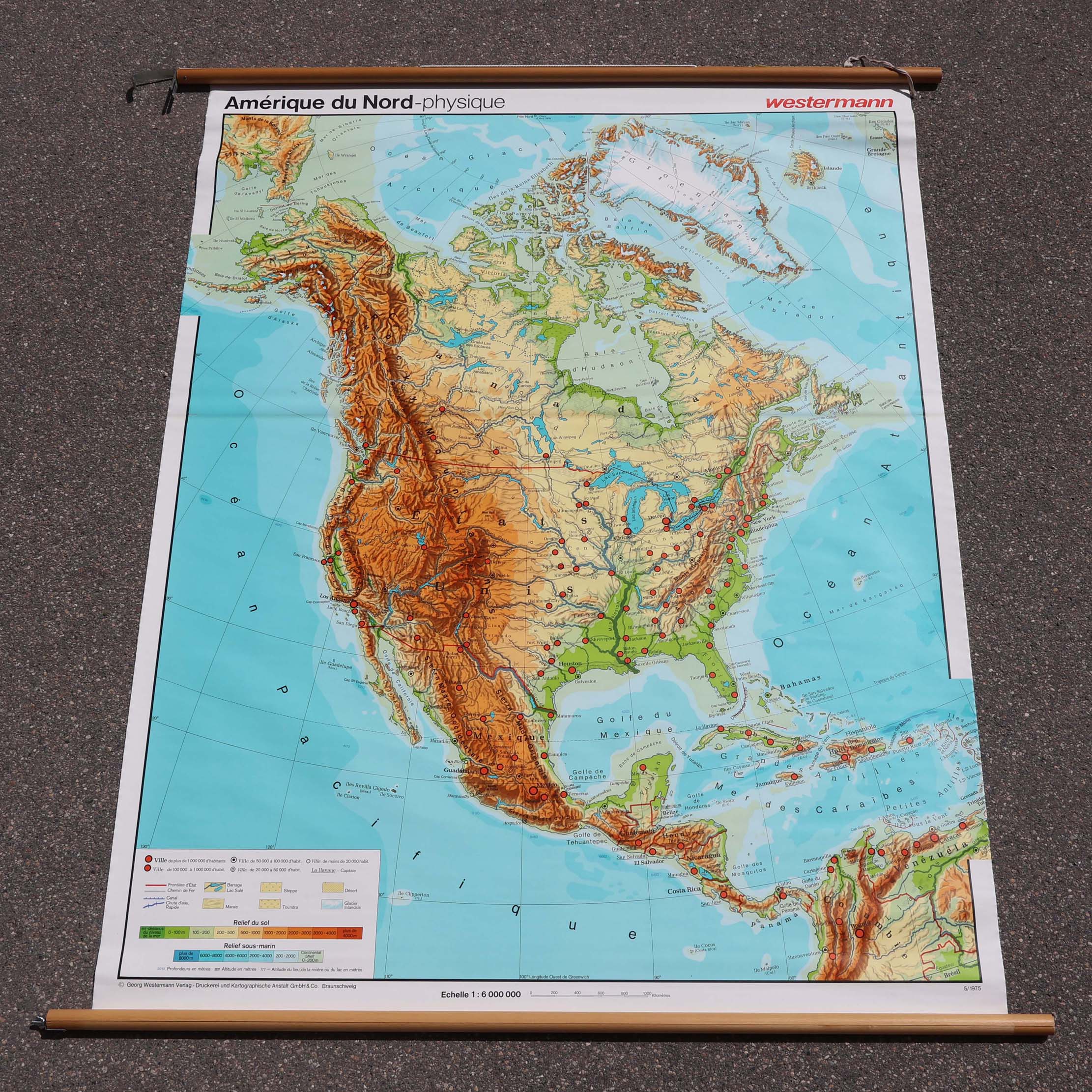 Carte géo murale vintage Amérique du Nord physique.