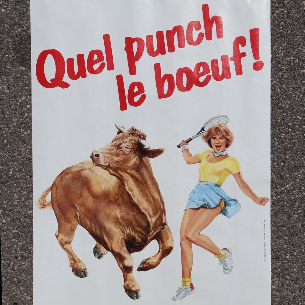 Quel punch le boeuf affiche 1984. Affichette publicitaire eighties.